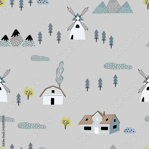 Seamless vector pattern with a mill, houses, mountains and other elements. 