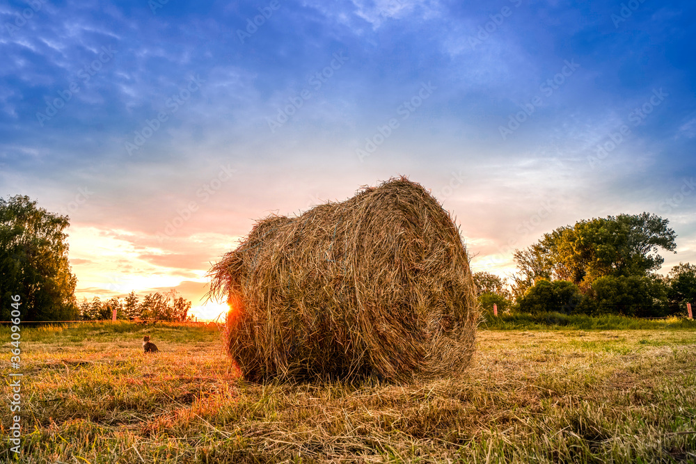 Strohballen auf einem Feld mit Sonnenuntergang Strohballen auf einem Feld mit Sonnenuntergang