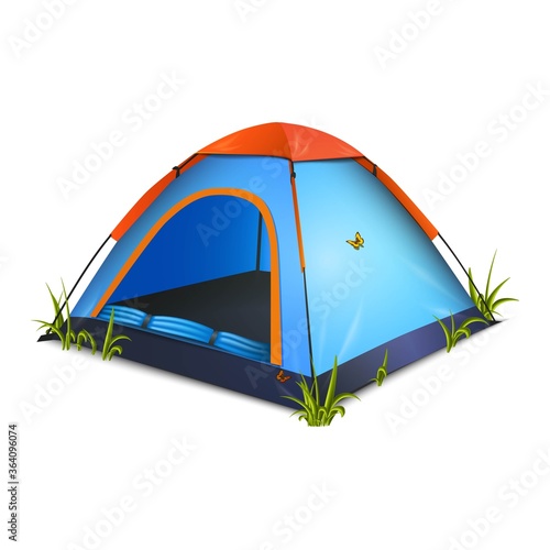 3d realistic vector icon illustration of blue tent with butterflies and grass around. Isolated on white background.