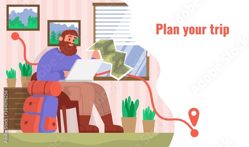 Traveler sits at home and plans his trip. Cartoon vector illustration.