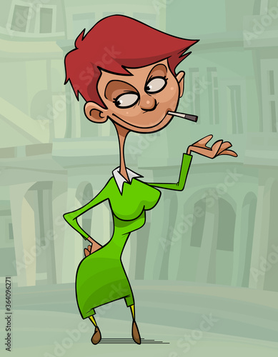 funny cartoon smiling woman posing with a cigarette in her mouth