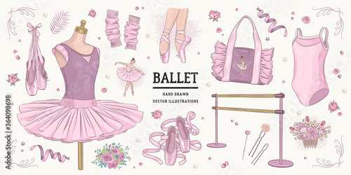 Set of hand drawn ballet accessories isolated on background. Vector illustration