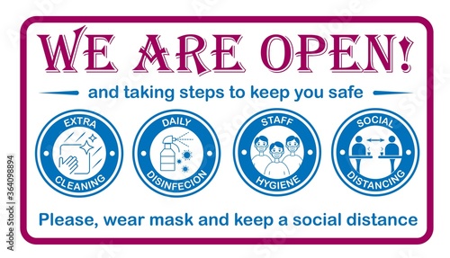 Sign on the front door. Welcome back. We are open again. Coronavirus covid-19 free zone, area.  Preventive protective measures for restaurants, stores. Vector templates for posters, stickers, banners.