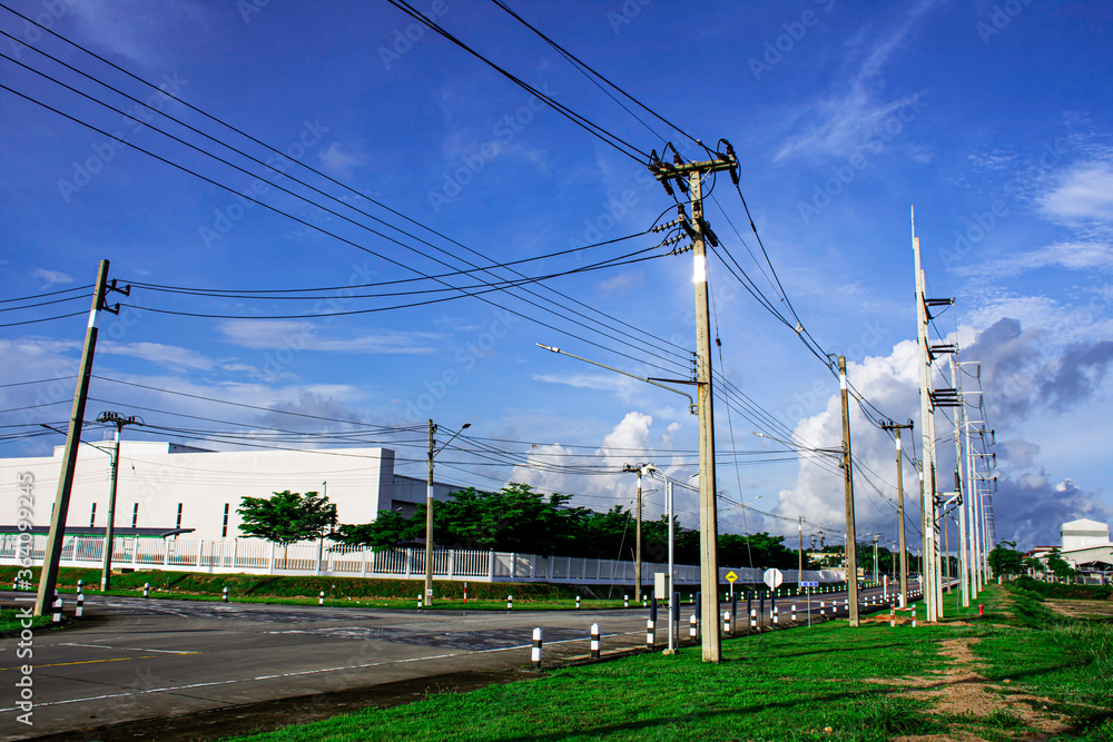 Electricity power substation and electric transmission line for energy supply to industrial factory, Environmentally friendly manufacturing plant of new technology production line
