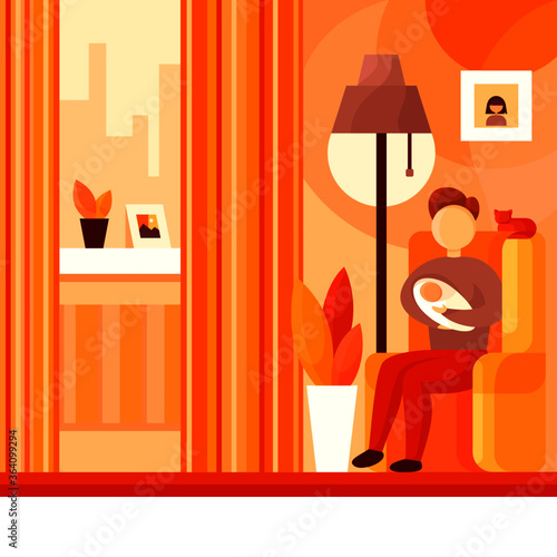 Illustration depicting a variant of the social role in which a man sits with a child at home