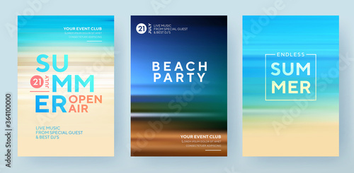 Summer backgrounds set. Creative posters or banners design with gradients in summer colors. Ocean horizon, golden sunny sea beach, summer sunset and night. Trendy design for sale, social media, web