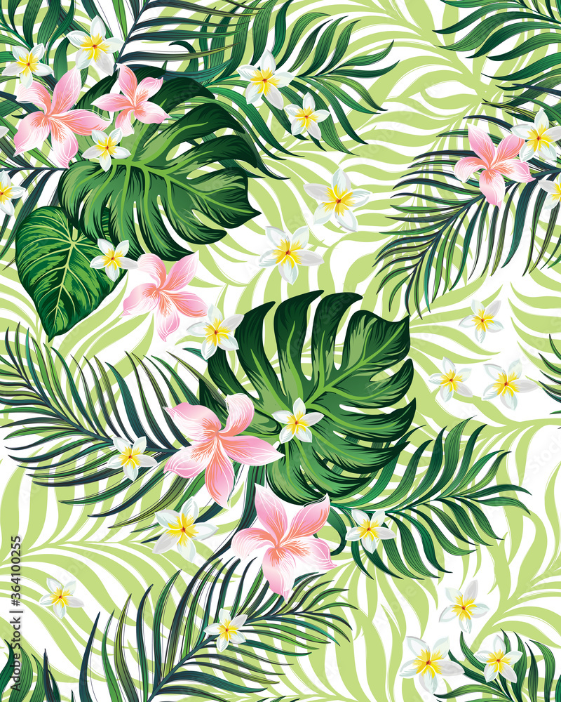 Obraz premium Tropical seamless vector pattern.Summer illustration with parrot and exotic flowers , leaves. 