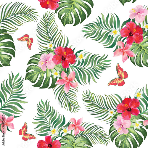 Tropical seamless vector pattern.Summer illustration with parrot and exotic flowers   leaves. 