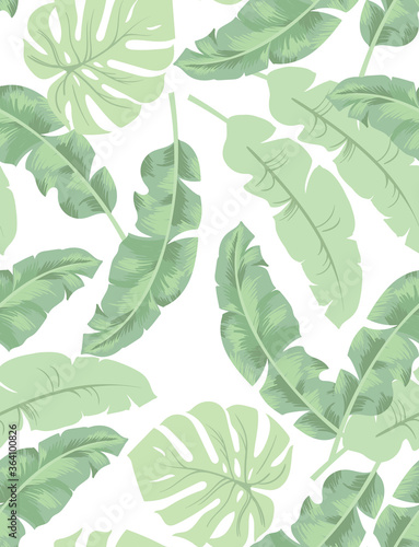 Green tropical palm leaves seamless vector pattern on the black background.Trendy summer print.