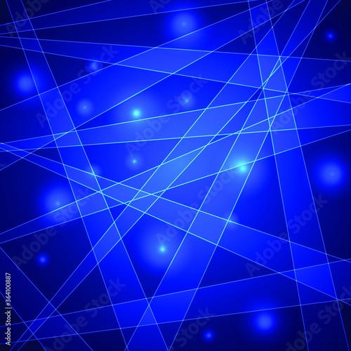 Abstract blue background with flying and intersecting lines and transparent bubbles, circles.