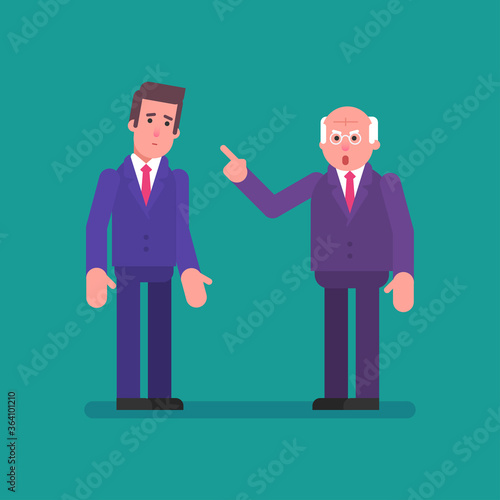 Old businessman reprimands guy. Flat people