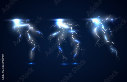 On a dark blue background sparkling lightning with electric effect and shining particles from the discharge.EPS10 vector illustration