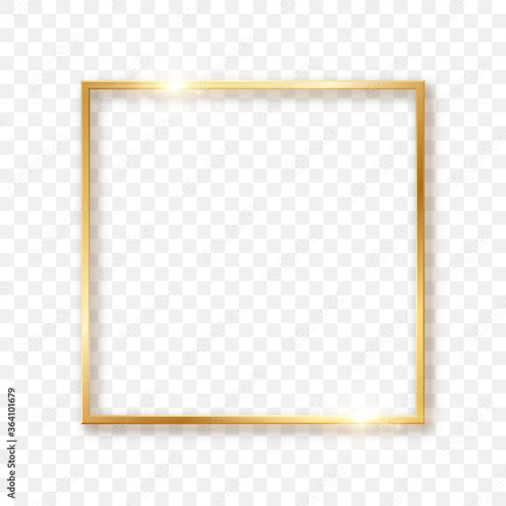 Fototapeta Golden square with light effects on a transparent background. Vector image, 3D render. eps10
