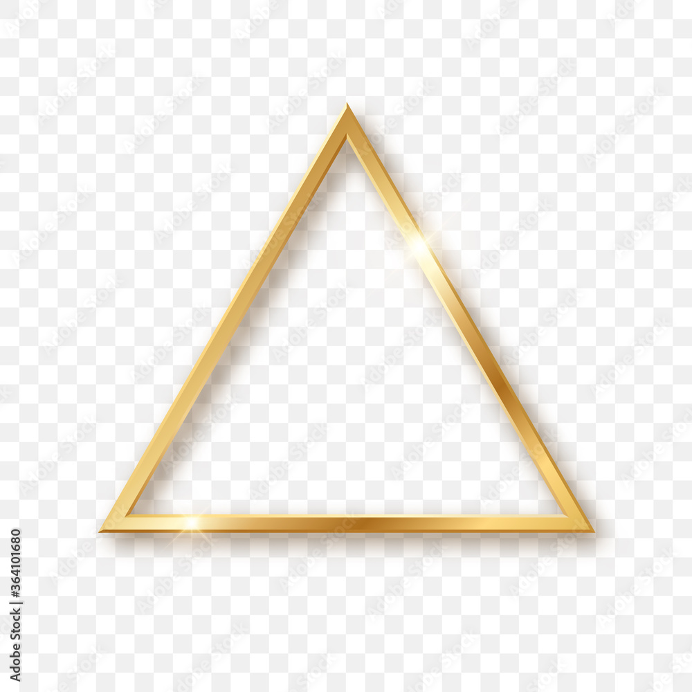 Golden triangle geometric element. Frame with light effects. Vector illustration