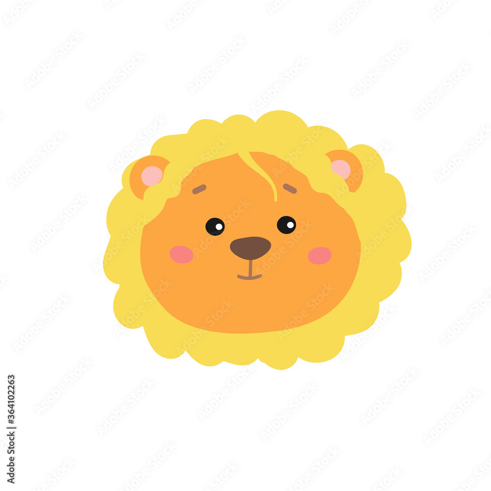 Obraz premium Vector illustration of a cute lion face. Isolated on white background.Safari summer funny animal.Cartoon and flat wildcat.Hand drawn lion with yellow mane.For design, web, graphic.African loin's head