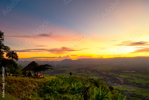 Pavilion at the observation deck with beautiful sky during sunset or sunrise suitable for resting, camping tents for the weekend.