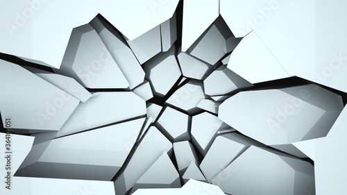Computer generated destructed surface and falling down fragments. Abstract 3d rendering of a broken background