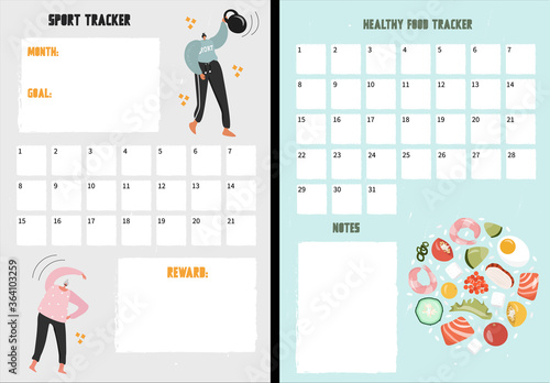 Cute vector sport and healthy food trackers with place for notes. A tracker with training people and food. Nice vector flat illustration in cartoon style. Trackers to develop a sports habits.