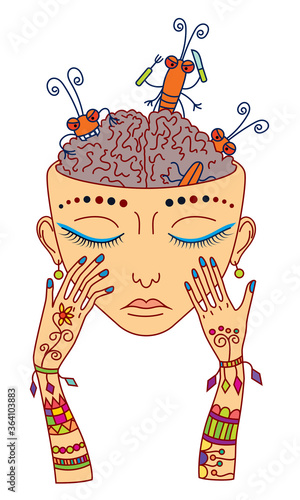A sad young girl whose brains are being eaten by cockroaches.  Vector hand-drawn illustration, isolated on white background. 