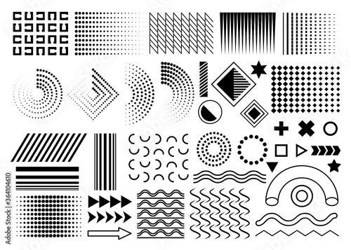 black set of memphis design elements, memphis geometric simple isolated graphic elements collection for your design projects. isolated circles, waves, dots, gradients on white background.