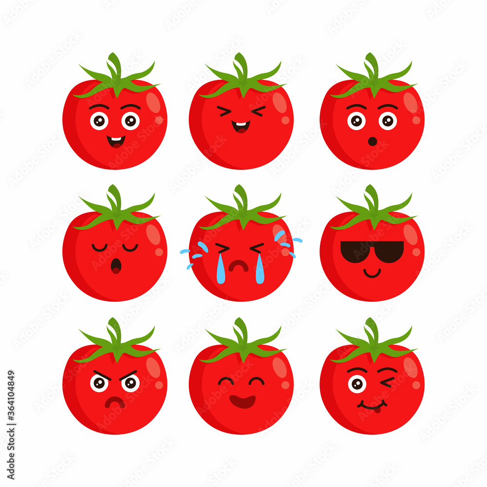 Cute flat red tomato character set illustration design, tomato cartoon emoji characters template vector Cute flat red tomato character set illustration design, tomato cartoon emoji characters template vector