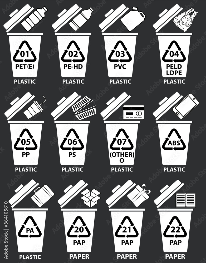 Recycling codes for plastic and paper. Recycling bins illustration with