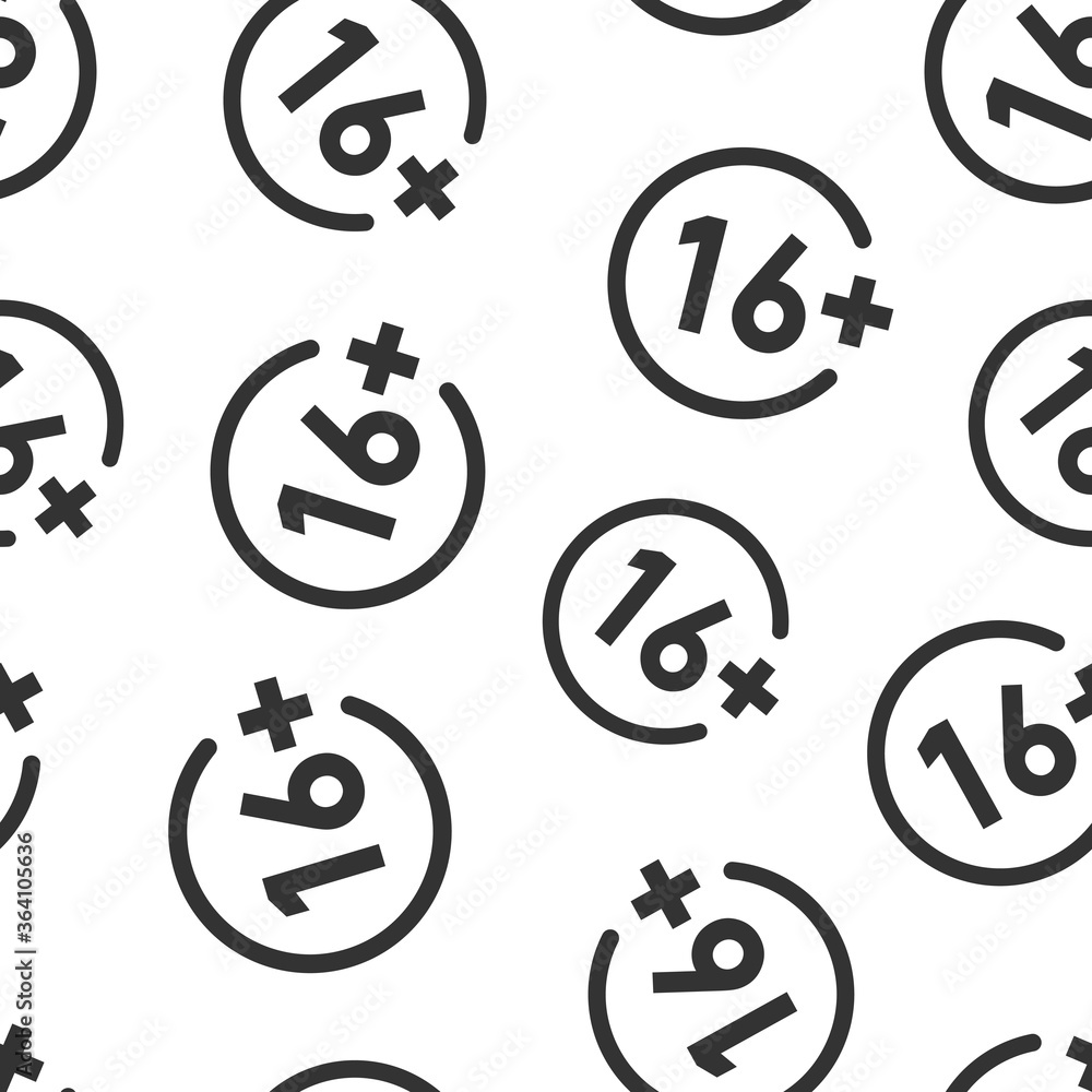 Sixteen plus icon in flat style. 16+ vector illustration on white isolated background. Censored seamless pattern business concept. Sixteen plus icon in flat style. 16+ vector illustration on white isolated background. Censored seamless pattern business concept.