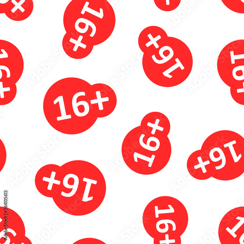 Sixteen plus icon in flat style. 16+ vector illustration on white isolated background. Censored seamless pattern business concept.