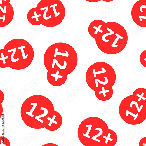 Twelve plus icon in flat style. 12+ vector illustration on white isolated background. Censored seamless pattern business concept.