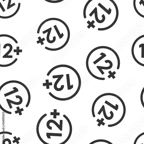 Twelve plus icon in flat style. 12+ vector illustration on white isolated background. Censored seamless pattern business concept.