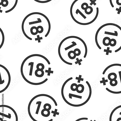 Eighteen plus icon in flat style. 18+ vector illustration on white isolated background. Censored seamless pattern business concept.