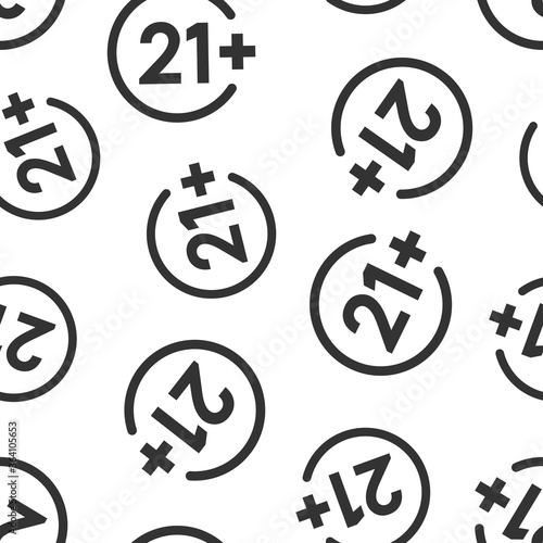 Twenty one plus icon in flat style. 21+ vector illustration on white isolated background. Censored seamless pattern business concept.