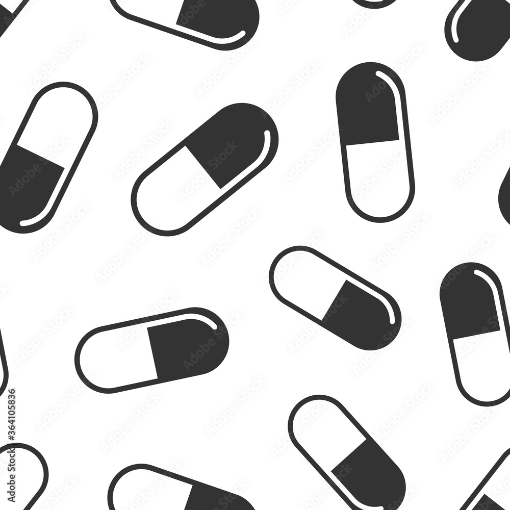 Pill capsule icon in flat style. Drugs vector illustration on white isolated background. Pharmacy seamless pattern business concept. Pill capsule icon in flat style. Drugs vector illustration on white isolated background. Pharmacy seamless pattern business concept.