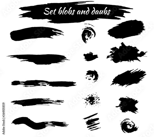 Set of black brush strokes and blots, elements on a white background for design. Lines and round blots.