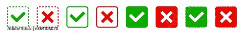 Check mark and red cross icons. Yes and no. Isolated vector elements