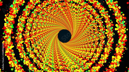 Circle rings of colorful round particles form an endless tunnel  computer generated. 3d rendering of bright shiny background