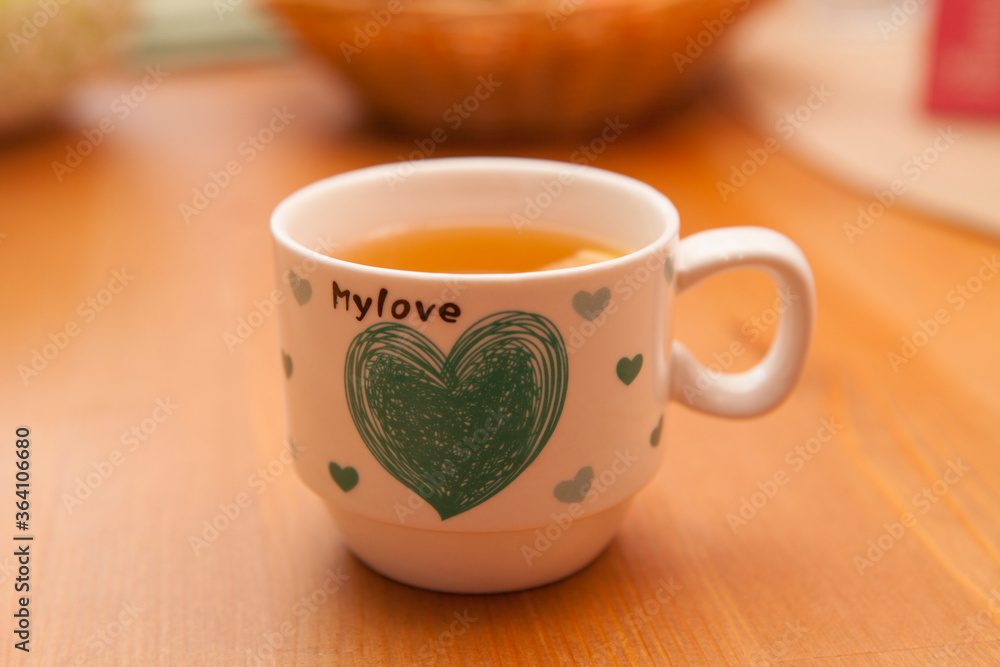 Cup for tea with inscription my love and hearts of love Cup for tea with inscription my love and hearts of love