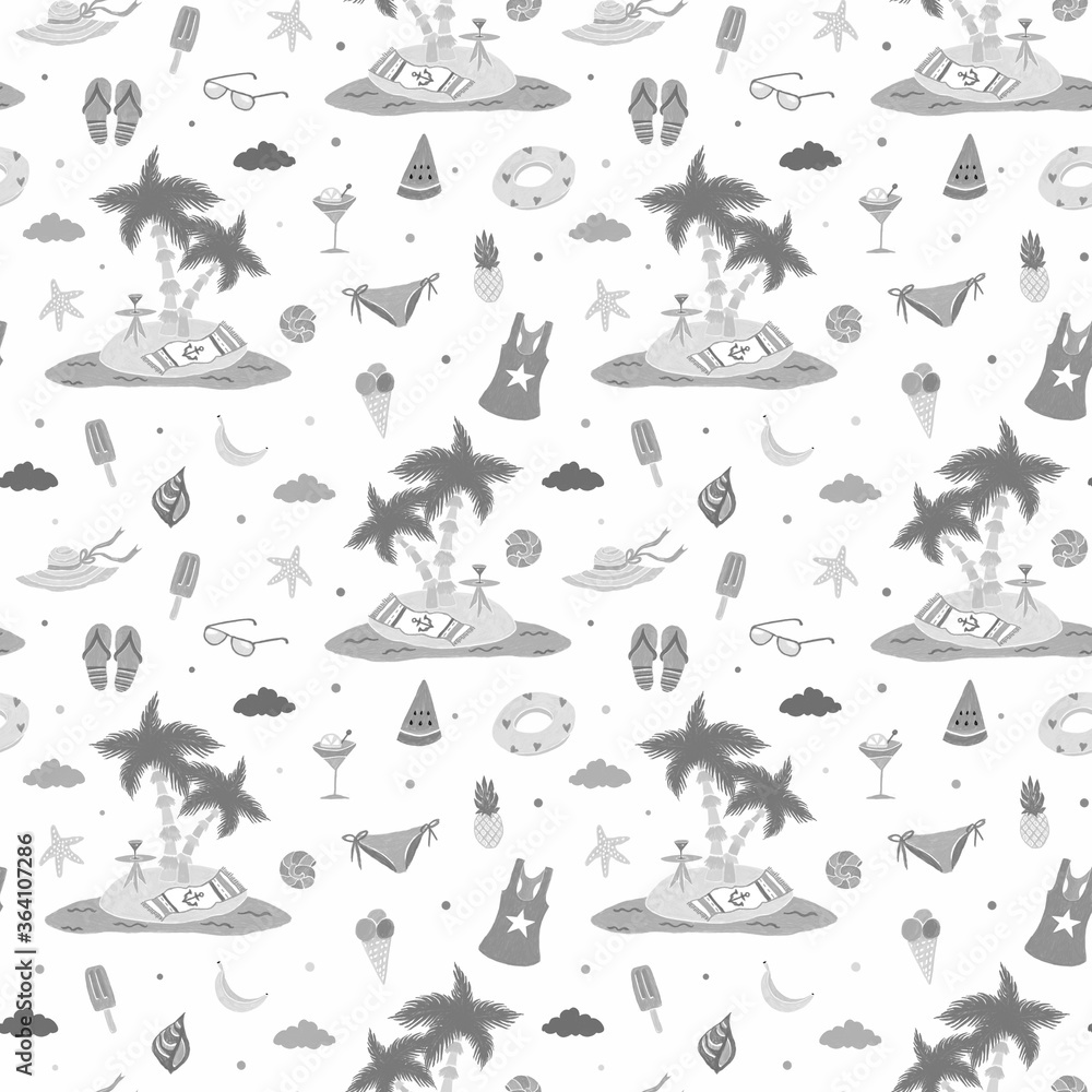 Summer beach holiday elements seamless pattern with ice cream, watermelon and palm Summer beach holiday elements seamless pattern with ice cream, watermelon and palm