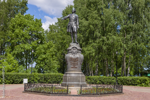 Monument to Peter the Great (1873) in a city square on a sunny June day. Petrozavodsk, Russia