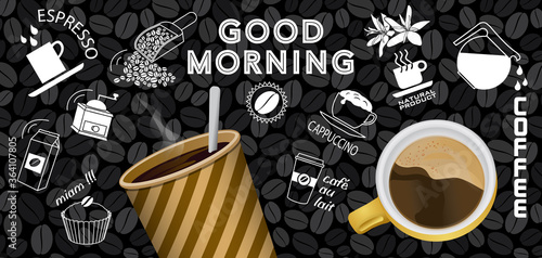 Bannière ou affiche composée d’un gobelet et d’une tasse géante en couleur ainsi que différentes silhouettes blanches sur le thème du café.