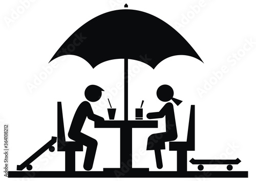 two people sitting in a restaurant under an umbrella, black silhouette, vector icon