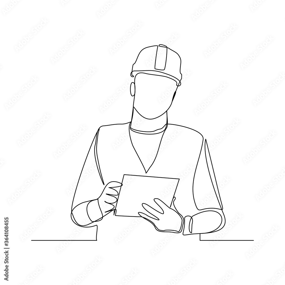Continuous line drawing of foreman constructor engineer technician mechanic wearing safety helmet and holding blueprint paper design. Vector illustration