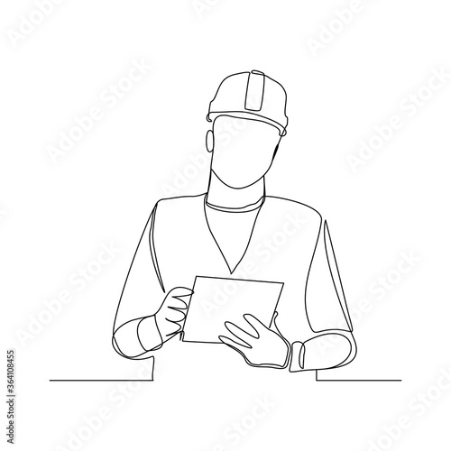 Continuous line drawing of foreman constructor engineer technician mechanic wearing safety helmet and holding blueprint paper design. Vector illustration