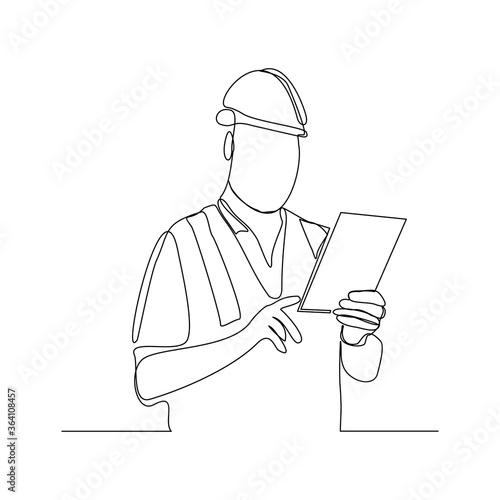 Continuous line drawing of foreman constructor engineer technician mechanic wearing safety helmet and holding blueprint paper design. Vector illustration