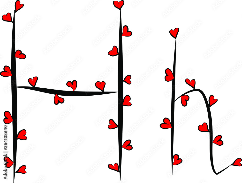 Festive romantic font. Black branches and bright red hearts. Valentine's day. Design of greeting cards and invitations. Latin English letters. Uppercase and lowercase letter H. Concise design