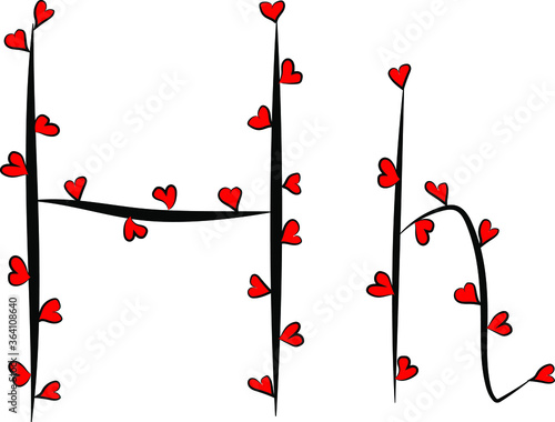 Obraz na płótnie Festive romantic font. Black branches and bright red hearts. Valentine's day. Design of greeting cards and invitations. Latin English letters. Uppercase and lowercase letter H. Concise design w salonie