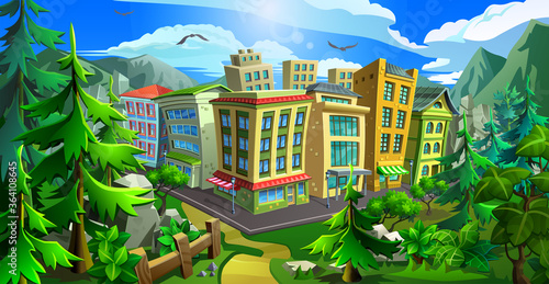 A small picturesque town surrounded by mountains and forests