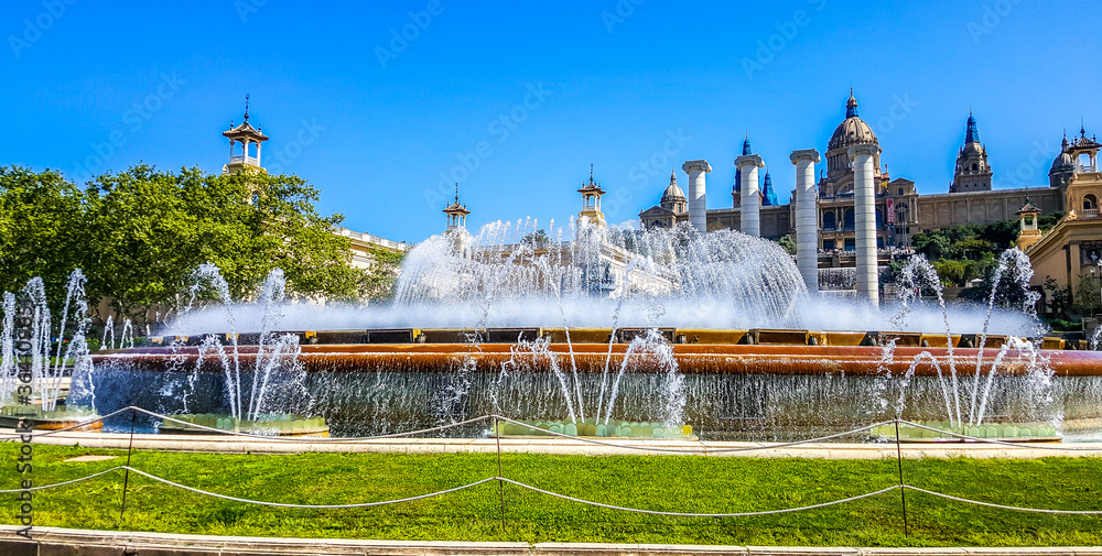  Magic Fountain in front of National Art Museum of Catalonia (Museu Nacional d'Art de Catalunya). Barcelona, Spain
