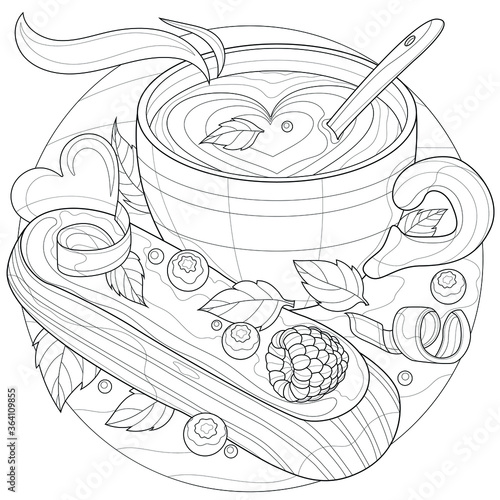 Cup of coffee with eclair.Tasty sweets.Coloring book antistress for children and adults. Zen-tangle style.Black and white drawing