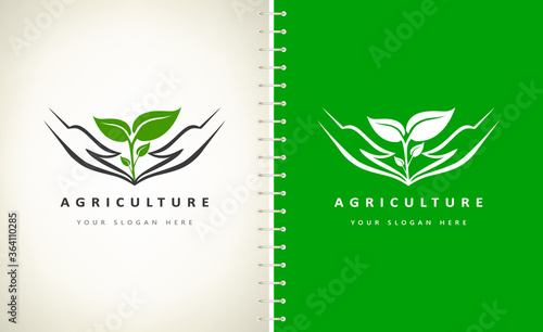 The plant in the hands logo. Caring for nature. Logo of agriculture.